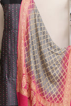 Elegant Grey Banarasi Bandhani Handloom Chiniya Silk Suit With Grey & Pink Banarasi Bandhani Pure Georgette Dupatta - Luxurion World
