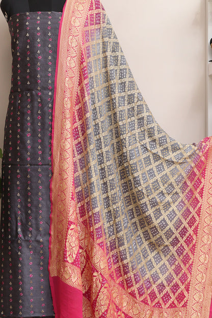 Elegant Grey Banarasi Bandhani Handloom Chiniya Silk Suit With Grey & Pink Banarasi Bandhani Pure Georgette Dupatta - Luxurion World