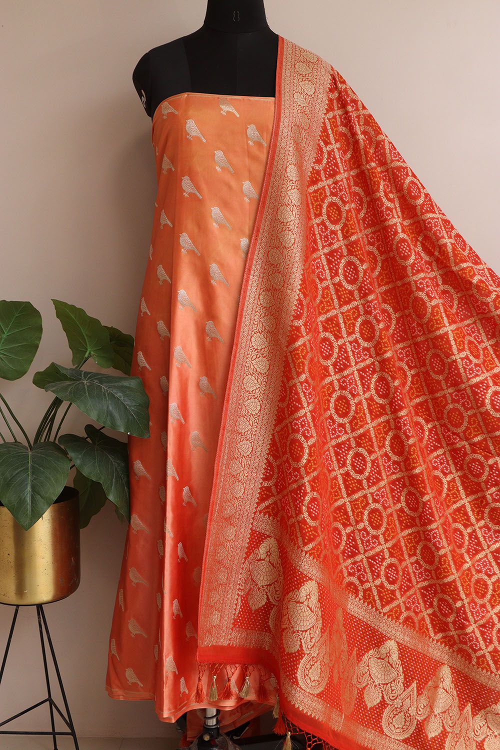 Peach Banarasi Mashru Silk Bird Design Suit With Banarasi Bandhani Weaved Georgette Dupatta - Luxurion World