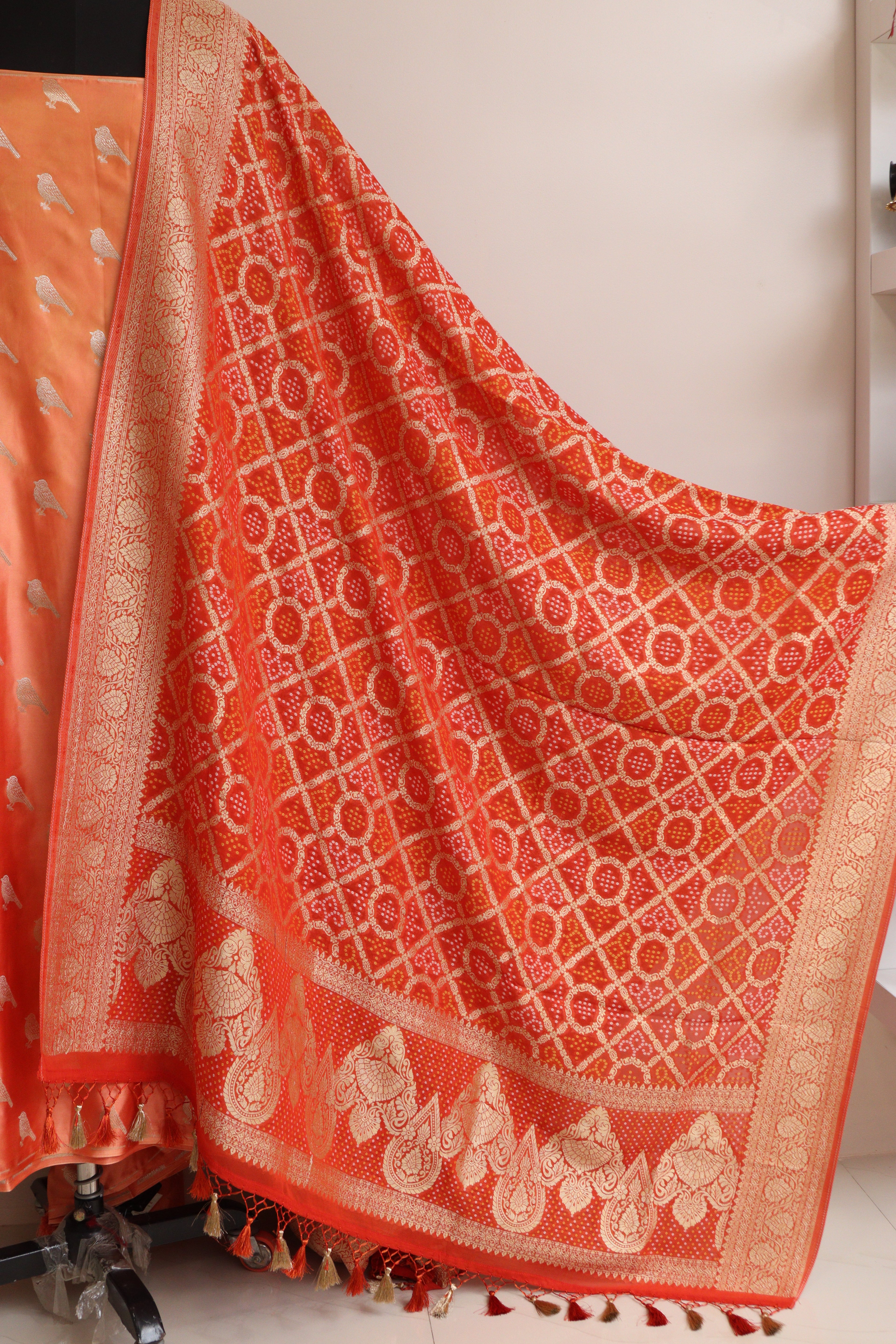 Peach Banarasi Mashru Silk Bird Design Suit With Banarasi Bandhani Weaved Georgette Dupatta - Luxurion World
