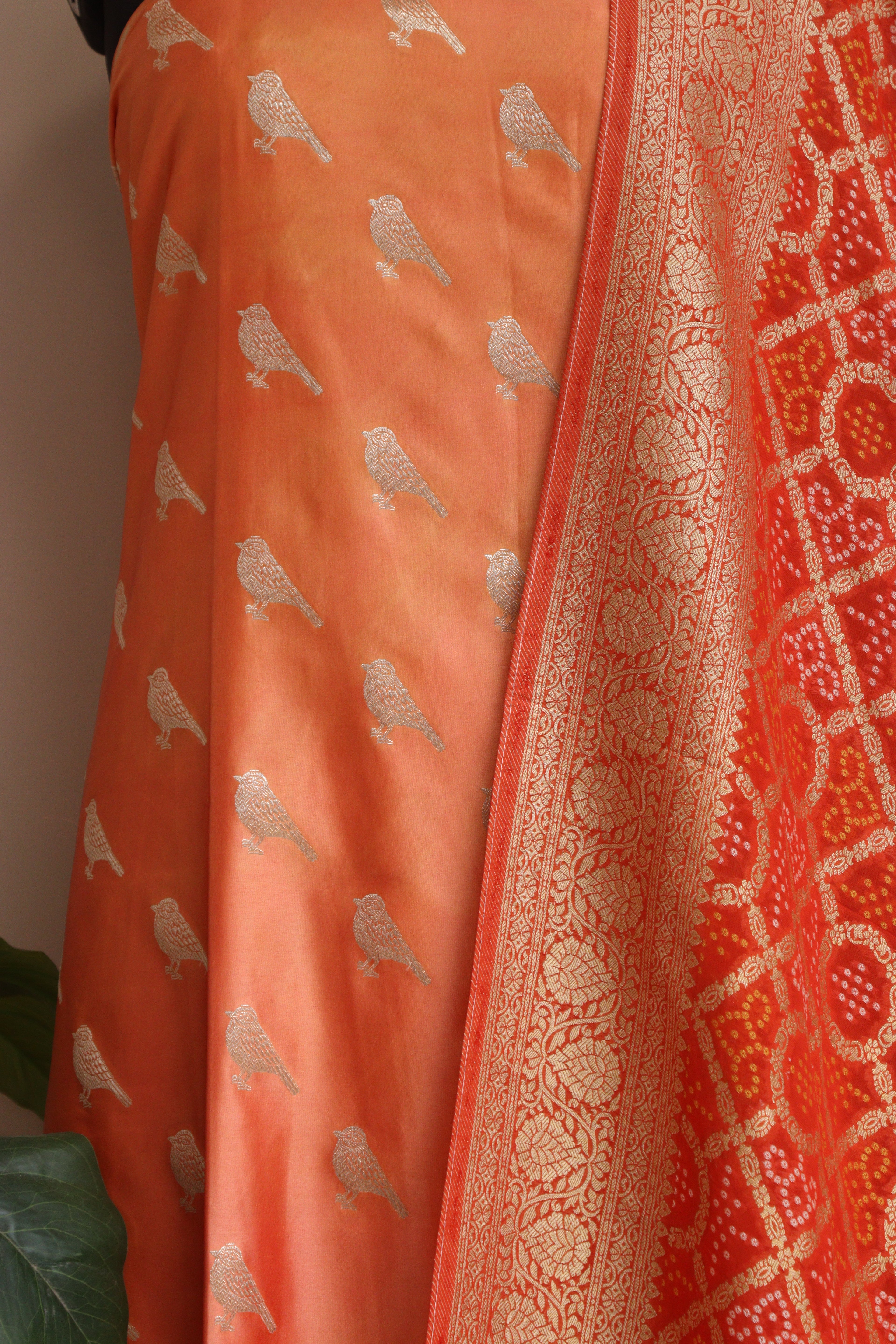 Peach Banarasi Mashru Silk Bird Design Suit With Banarasi Bandhani Weaved Georgette Dupatta - Luxurion World