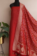 Elegant Red Banarasi Silk Small Booti Design Suit With Banarasi Bandhani Weaved Georgette Dupatta - Luxurion World