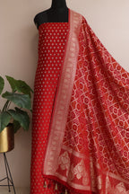 Elegant Red Banarasi Silk Small Booti Design Suit With Banarasi Bandhani Weaved Georgette Dupatta - Luxurion World