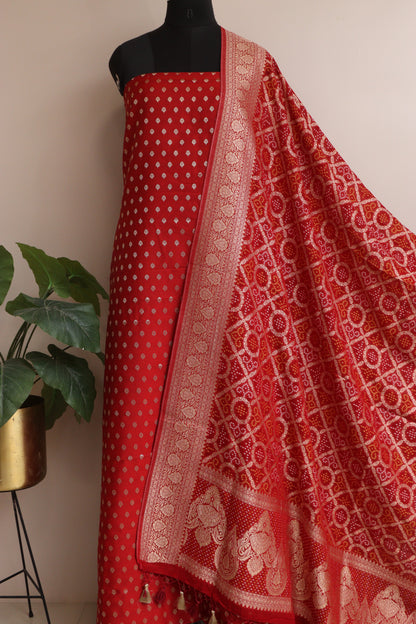 Elegant Red Banarasi Silk Small Booti Design Suit With Banarasi Bandhani Weaved Georgette Dupatta - Luxurion World