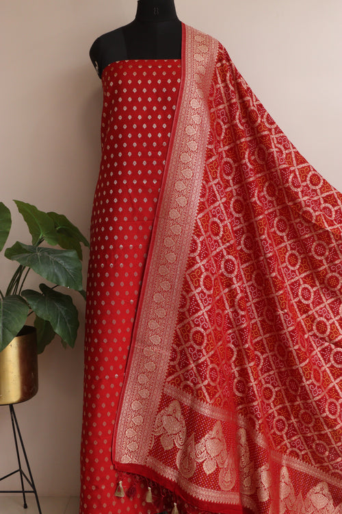 Elegant Red Banarasi Silk Small Booti Design Suit With Banarasi Bandhani Weaved Georgette Dupatta - Luxurion World