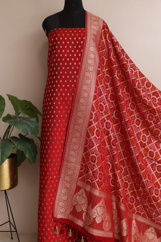 Elegant Red Banarasi Silk Small Booti Design Suit With Banarasi Bandhani Weaved Georgette Dupatta - Luxurion World