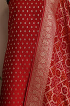 Elegant Red Banarasi Silk Small Booti Design Suit With Banarasi Bandhani Weaved Georgette Dupatta - Luxurion World