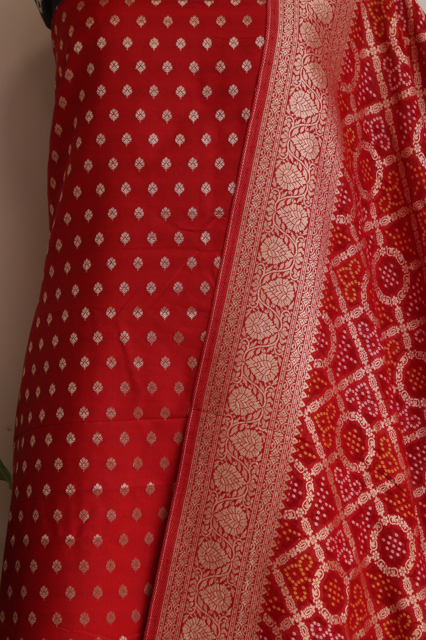 Elegant Red Banarasi Silk Small Booti Design Suit With Banarasi Bandhani Weaved Georgette Dupatta - Luxurion World