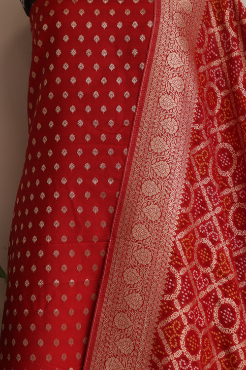 Elegant Red Banarasi Silk Small Booti Design Suit With Banarasi Bandhani Weaved Georgette Dupatta - Luxurion World