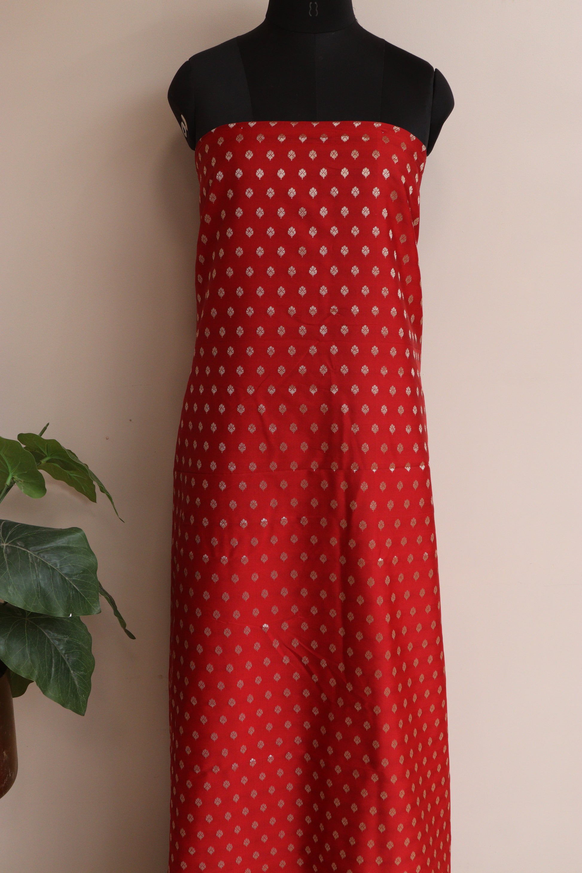 Elegant Red Banarasi Silk Small Booti Design Suit With Banarasi Bandhani Weaved Georgette Dupatta - Luxurion World