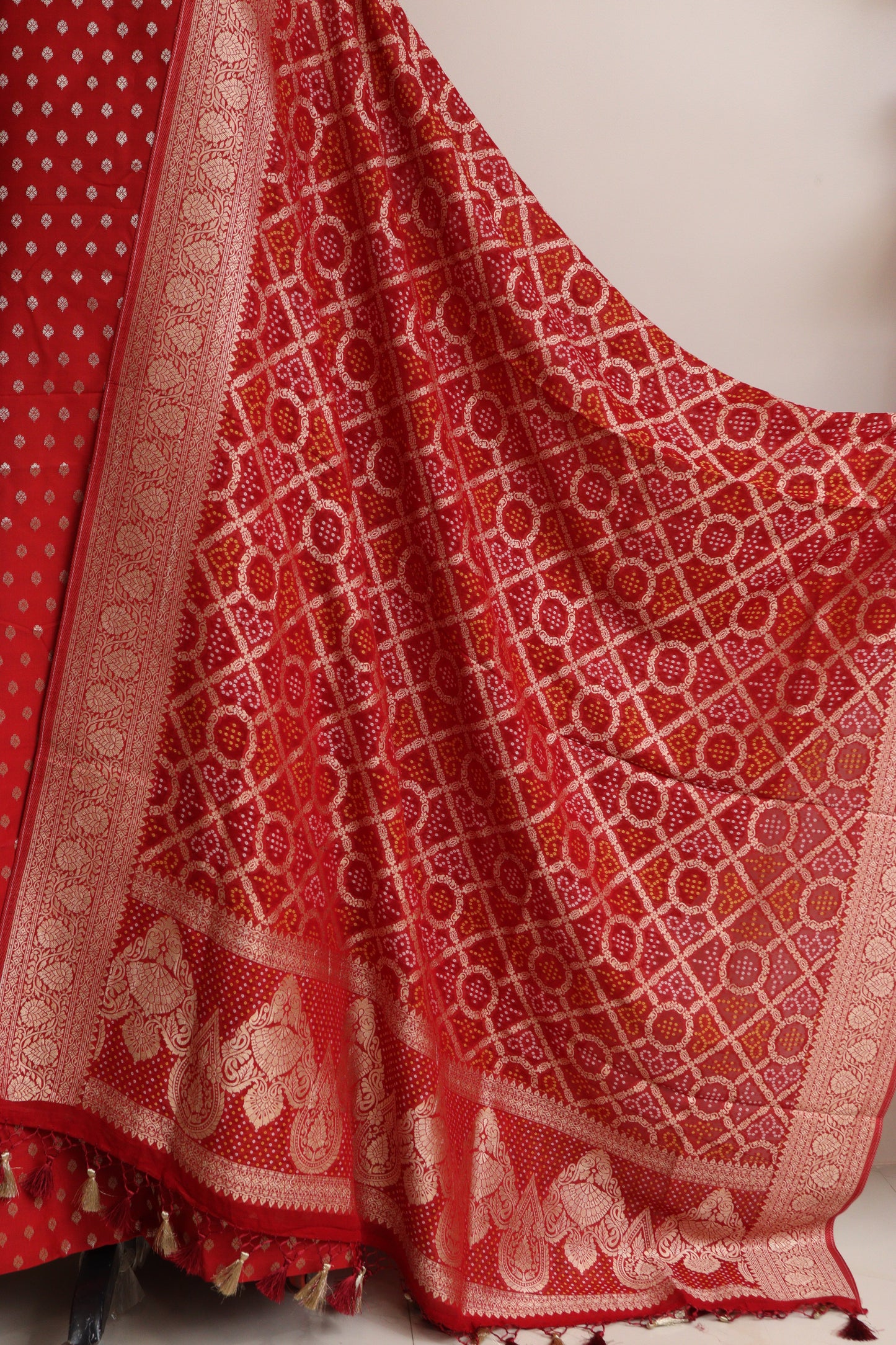 Elegant Red Banarasi Silk Small Booti Design Suit With Banarasi Bandhani Weaved Georgette Dupatta - Luxurion World