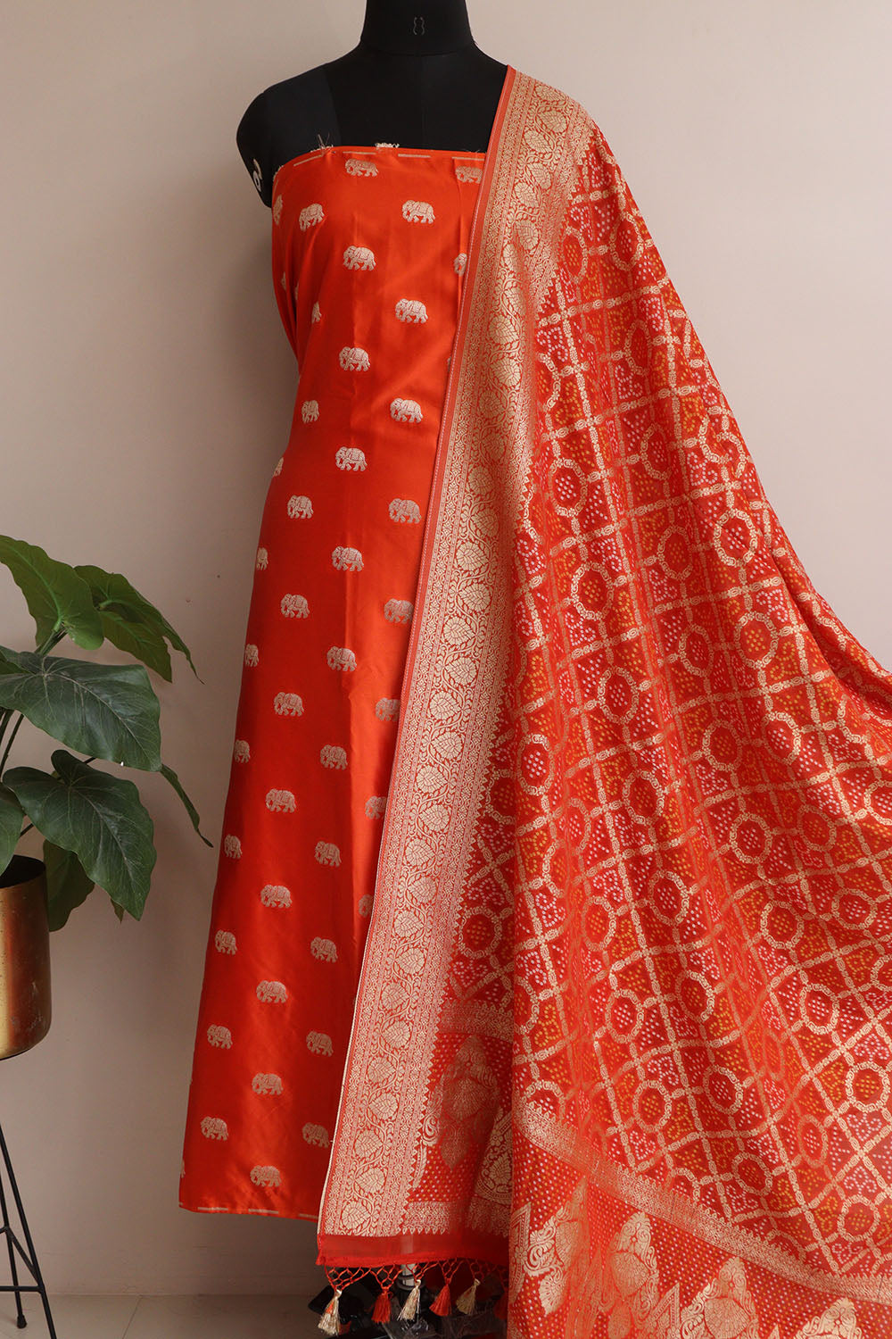 Orange Banarasi Mashru Silk Elephant Design Suit With Banarasi Bandhani Weaved Georgette Dupatta - Luxurion World
