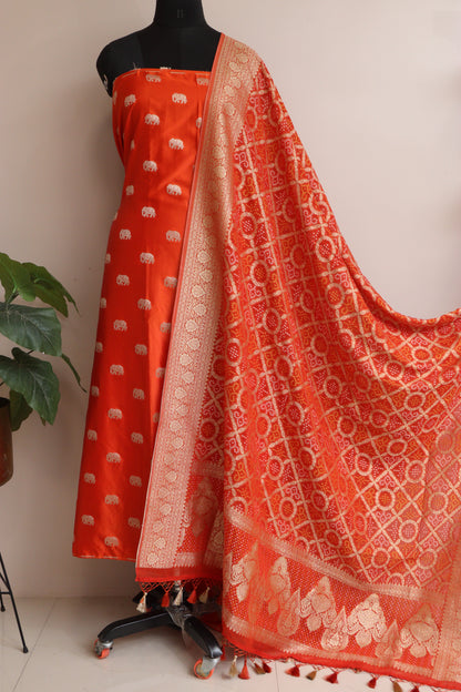 Orange Banarasi Mashru Silk Elephant Design Suit With Banarasi Bandhani Weaved Georgette Dupatta - Luxurion World