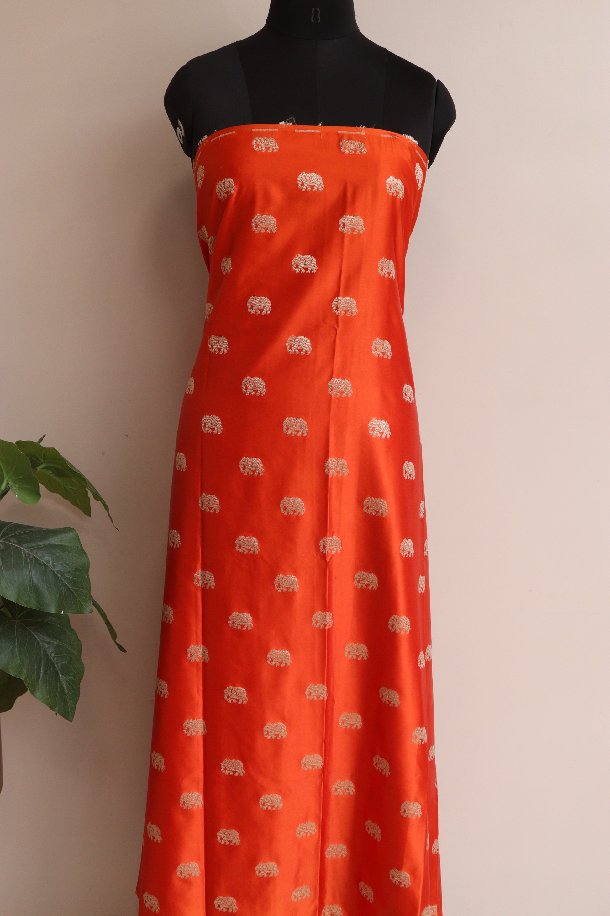 Orange Banarasi Mashru Silk Elephant Design Suit With Banarasi Bandhani Weaved Georgette Dupatta - Luxurion World
