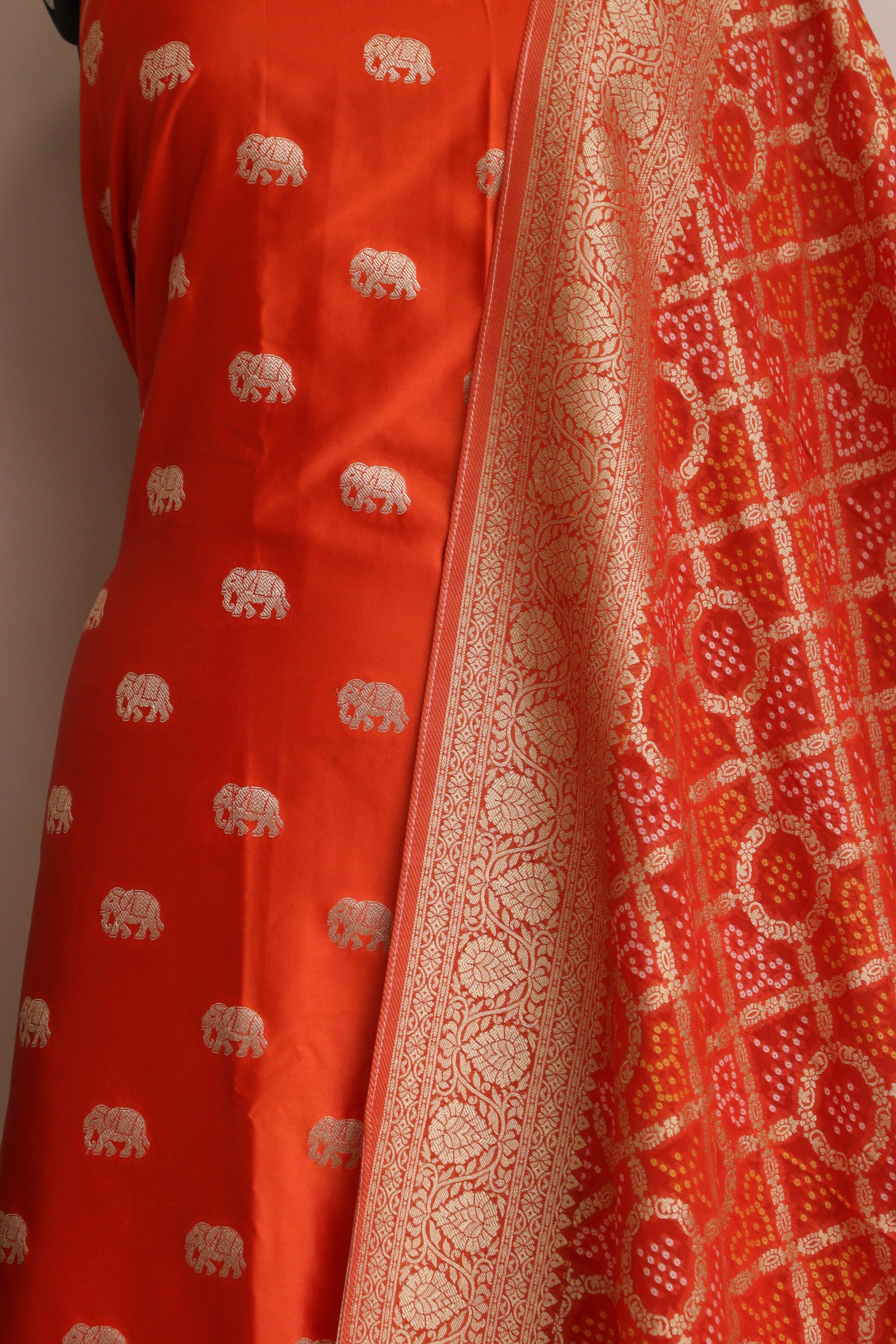 Orange Banarasi Mashru Silk Elephant Design Suit With Banarasi Bandhani Weaved Georgette Dupatta - Luxurion World