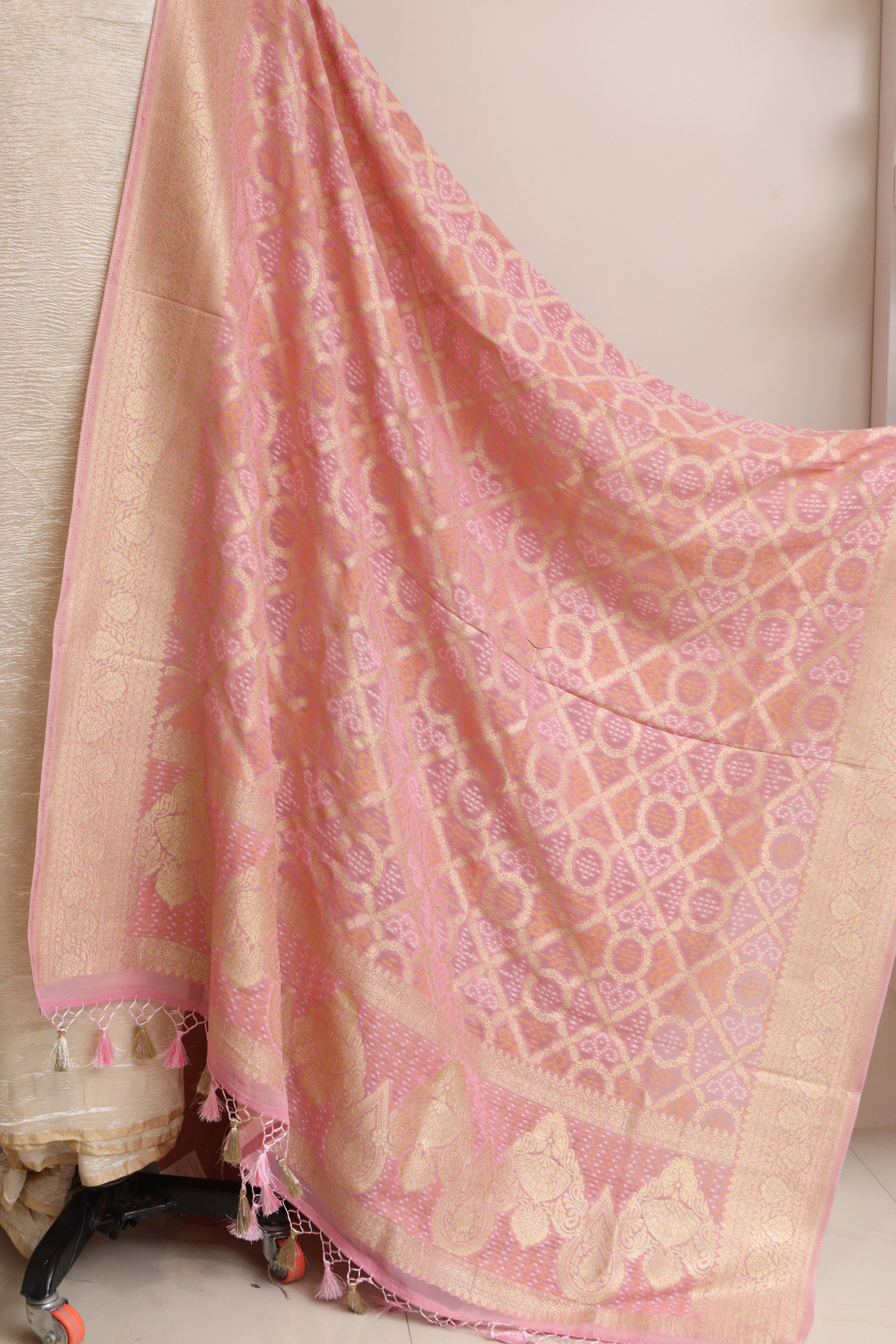 Exquisite Golden Handloom Banarasi Tissue Georgette Silk Crushed Suit With Banarasi Bandhani Weaved Georgette Dupatta - Luxurion World