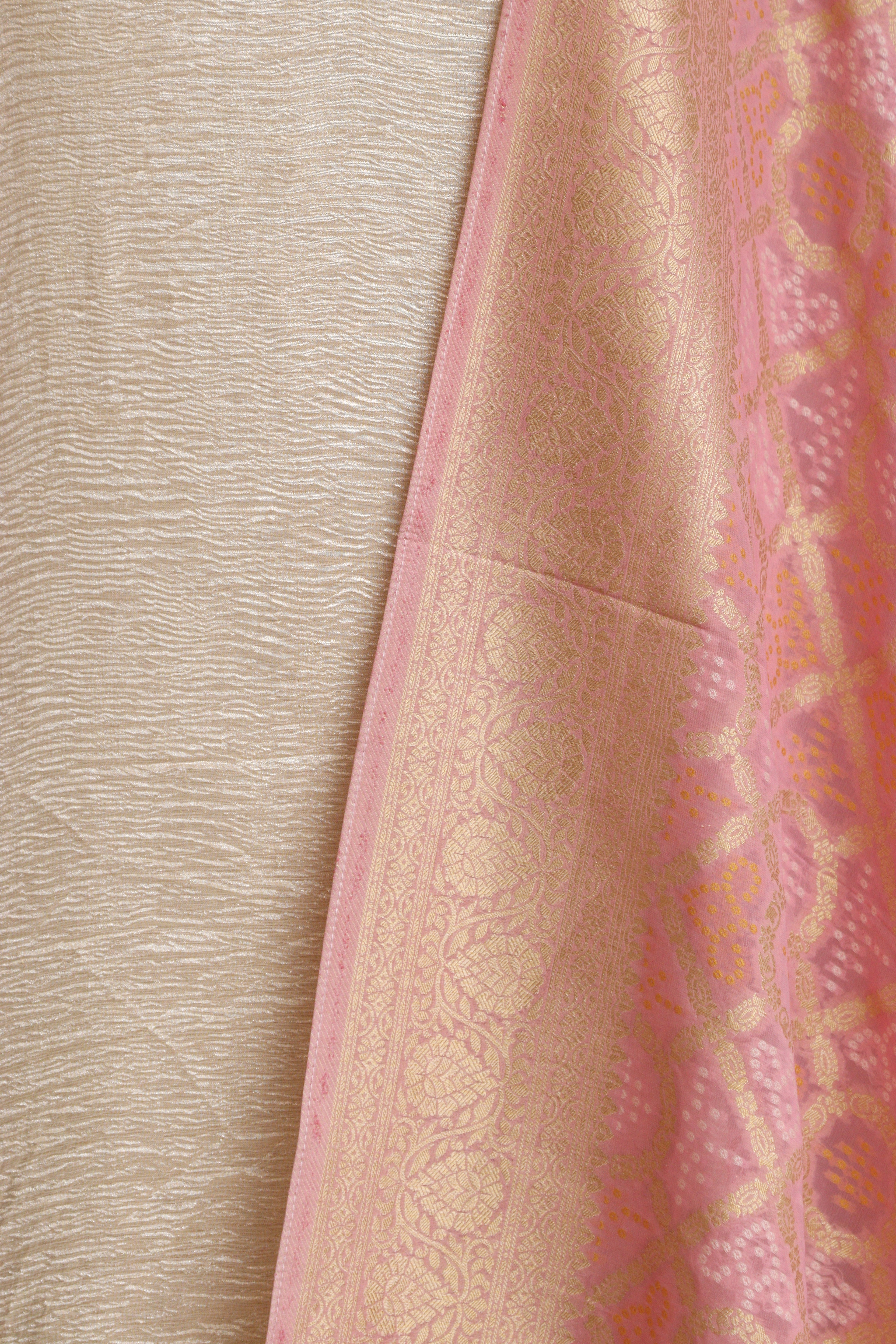 Exquisite Golden Handloom Banarasi Tissue Georgette Silk Crushed Suit With Banarasi Bandhani Weaved Georgette Dupatta - Luxurion World
