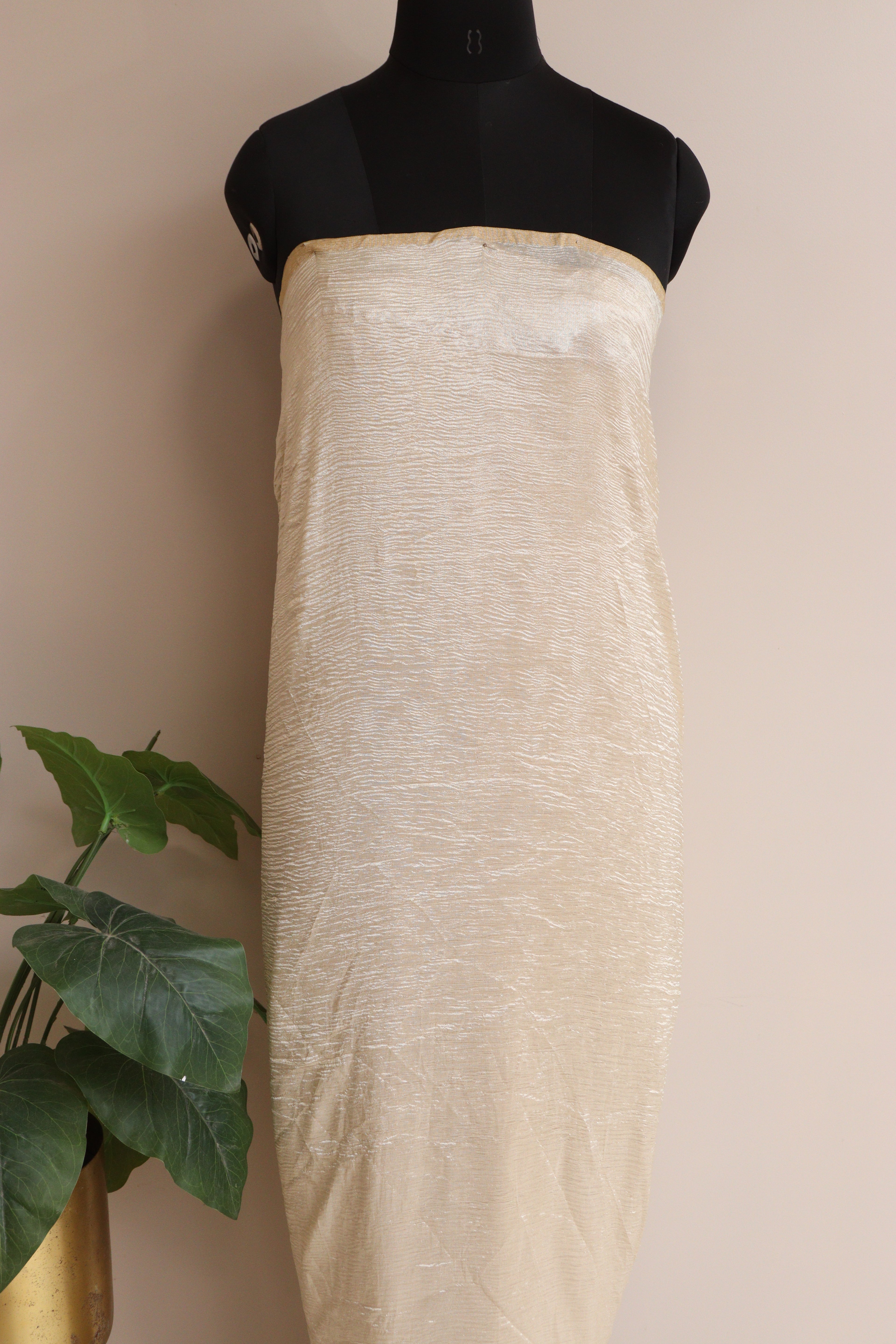Exquisite Golden Handloom Banarasi Tissue Georgette Silk Crushed Suit With Banarasi Bandhani Weaved Georgette Dupatta - Luxurion World