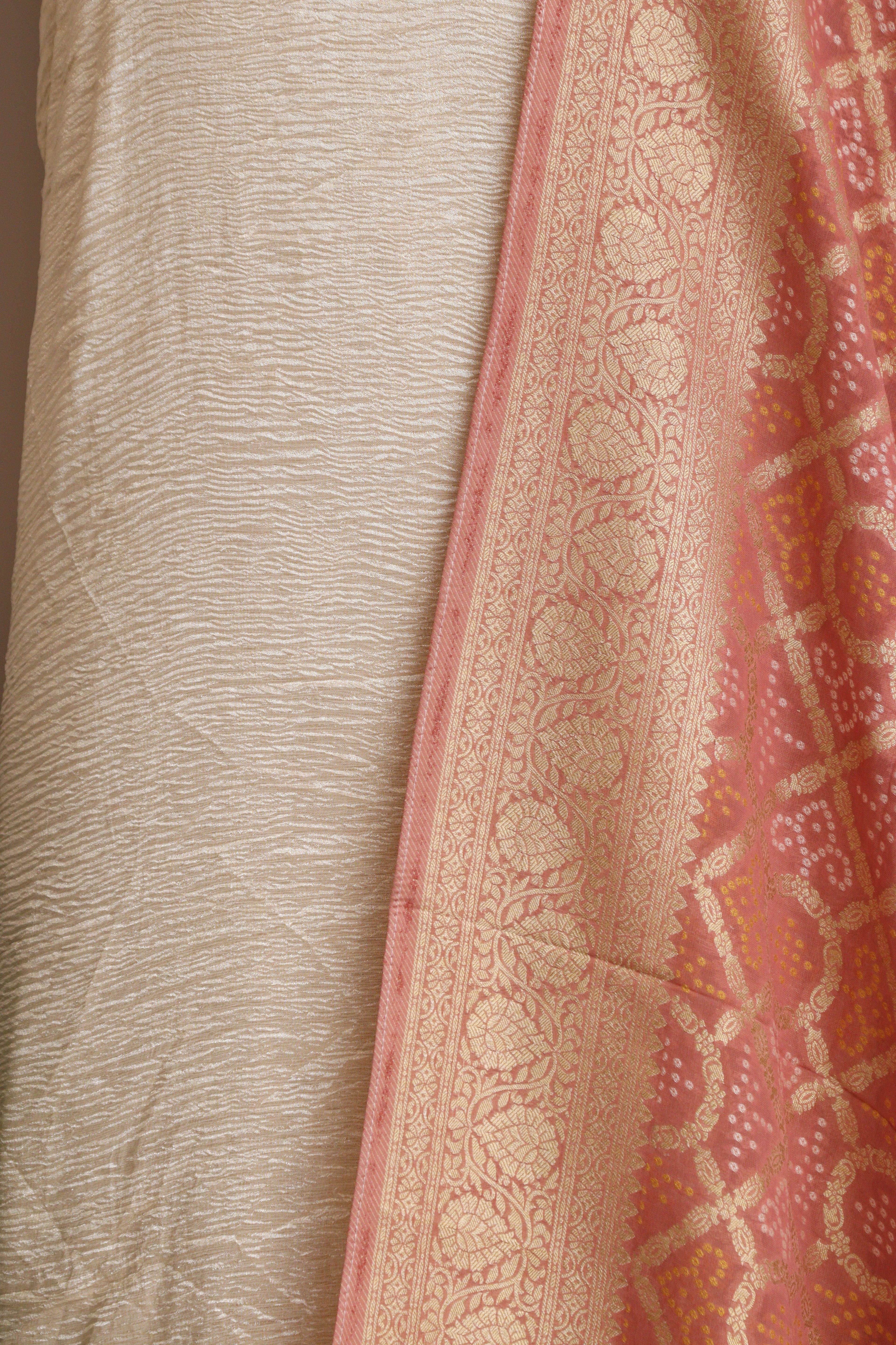 Golden Handloom Banarasi Tissue Georgette Silk Crushed Suit With Banarasi Bandhani Weaved Georgette Dupatta - Luxurion World