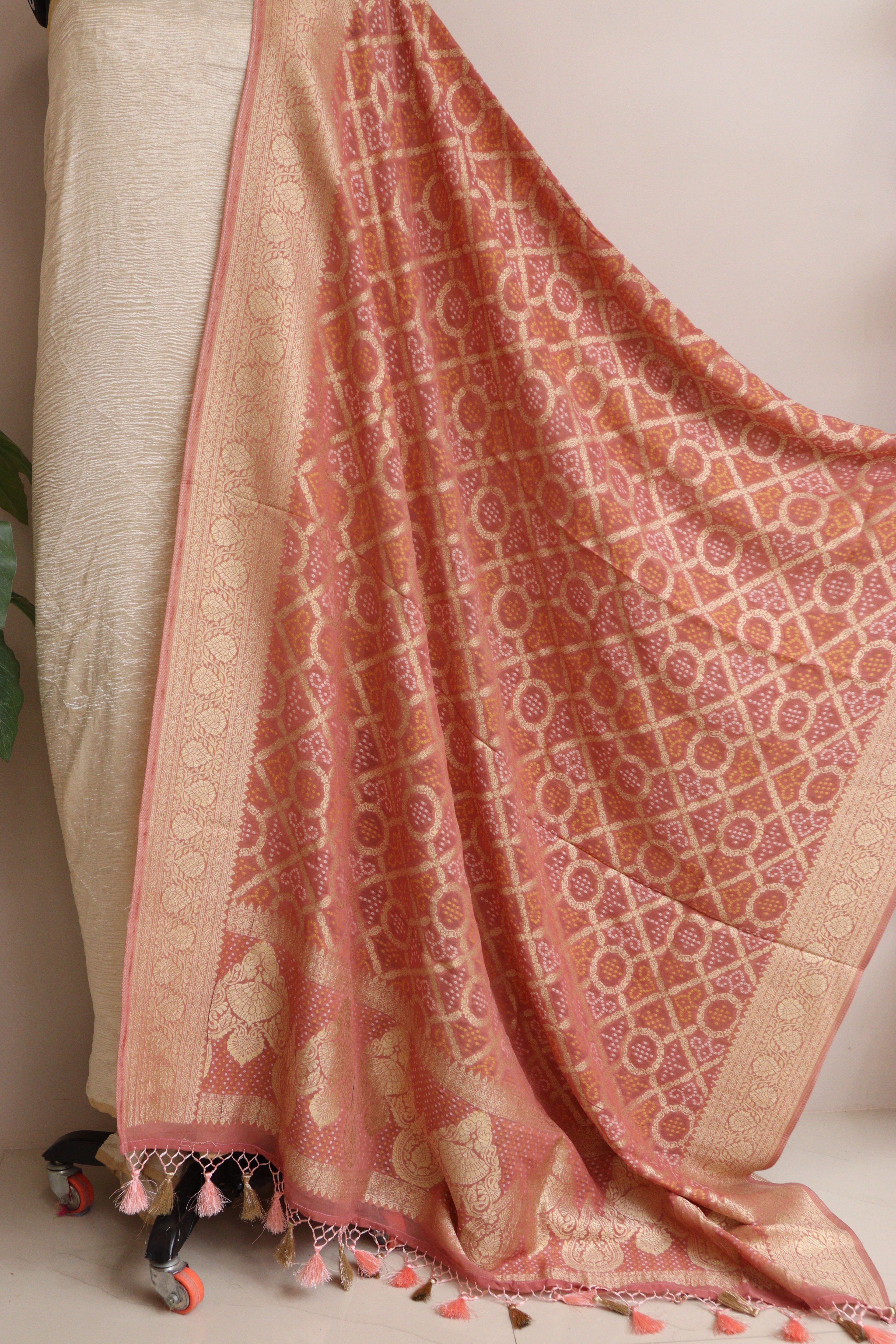 Golden Handloom Banarasi Tissue Georgette Silk Crushed Suit With Banarasi Bandhani Weaved Georgette Dupatta - Luxurion World