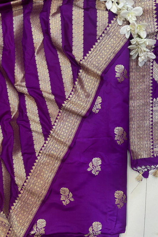 Stunning Purple Handloom Banarasi Silk Flower Design Suit With Purple Banarasi Silk Stripe Design Dupatta - Luxurion World