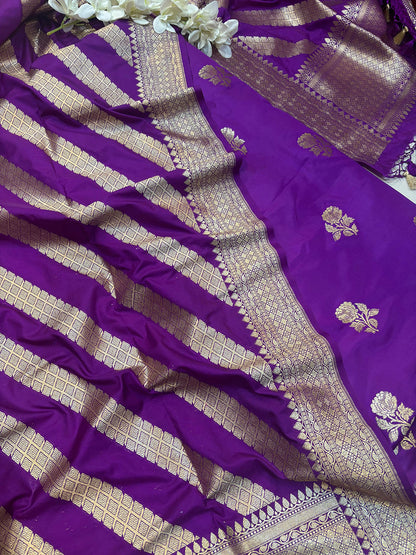 Stunning Purple Handloom Banarasi Silk Flower Design Suit With Purple Banarasi Silk Stripe Design Dupatta - Luxurion World