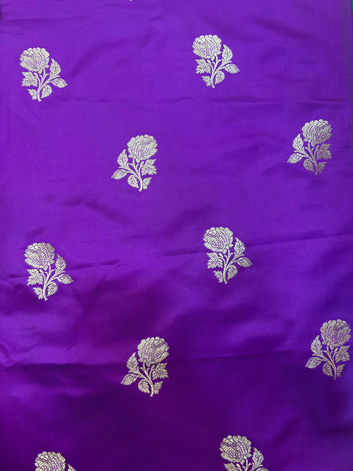 Stunning Purple Handloom Banarasi Silk Flower Design Suit With Purple Banarasi Silk Stripe Design Dupatta - Luxurion World