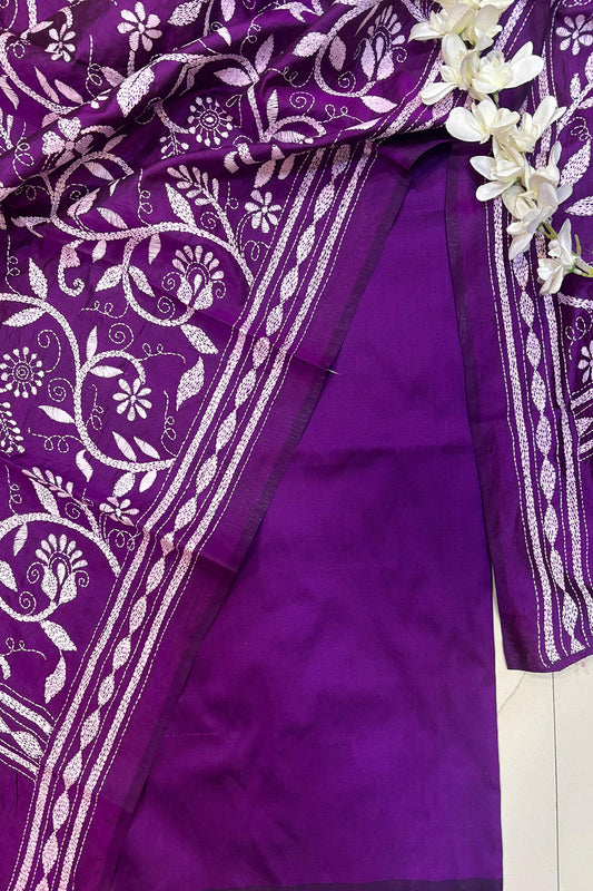 Stunning Purple Plain Silk Suit With Purple Hand Embroidered Kantha Pure Bangalore Silk Dupatta - Luxurion World