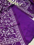 Stunning Purple Plain Silk Suit With Purple Hand Embroidered Kantha Pure Bangalore Silk Dupatta - Luxurion World