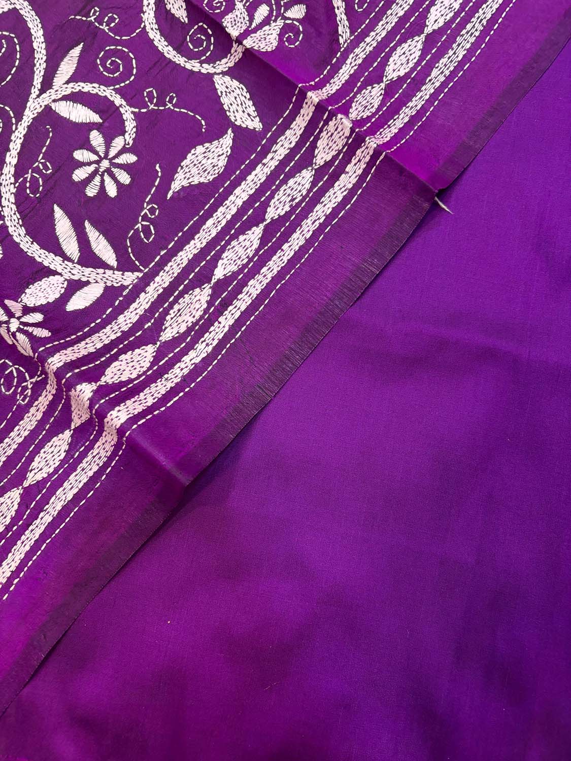 Stunning Purple Plain Silk Suit With Purple Hand Embroidered Kantha Pure Bangalore Silk Dupatta - Luxurion World