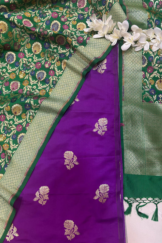 Elegant Purple Handloom Banarasi Silk Flower Design Suit With Green Banarasi Kimkhwab Design Silk Dupatta - Luxurion World