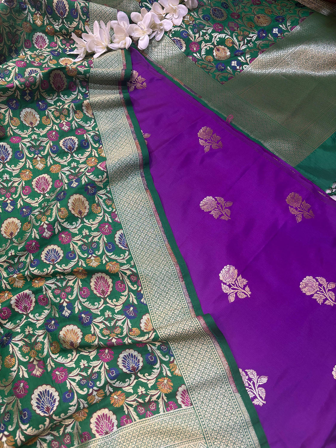 Elegant Purple Handloom Banarasi Silk Flower Design Suit With Green Banarasi Kimkhwab Design Silk Dupatta - Luxurion World