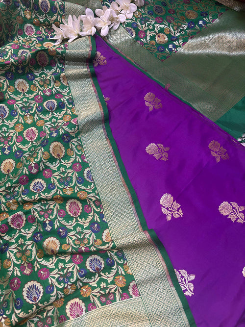 Elegant Purple Handloom Banarasi Silk Flower Design Suit With Green Banarasi Kimkhwab Design Silk Dupatta - Luxurion World