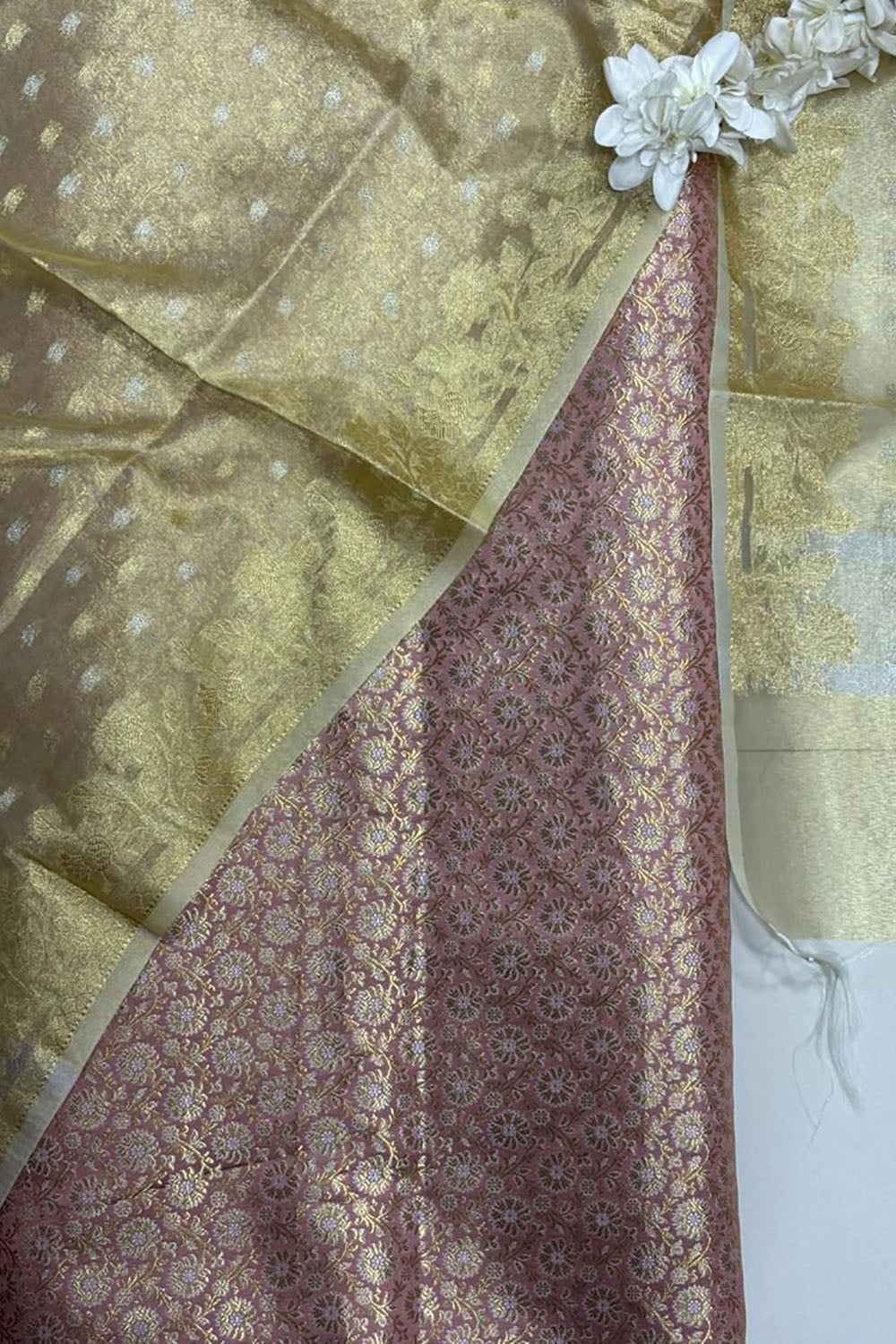 Pink Handloom Banarasi Brocade Sona Roopa Flower Design Suit With Golden Banarasi Tissue Silk Booti Design Dupatta - Luxurion World