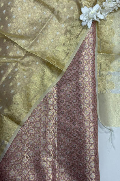 Pink Handloom Banarasi Brocade Sona Roopa Flower Design Suit With Golden Banarasi Tissue Silk Booti Design Dupatta - Luxurion World