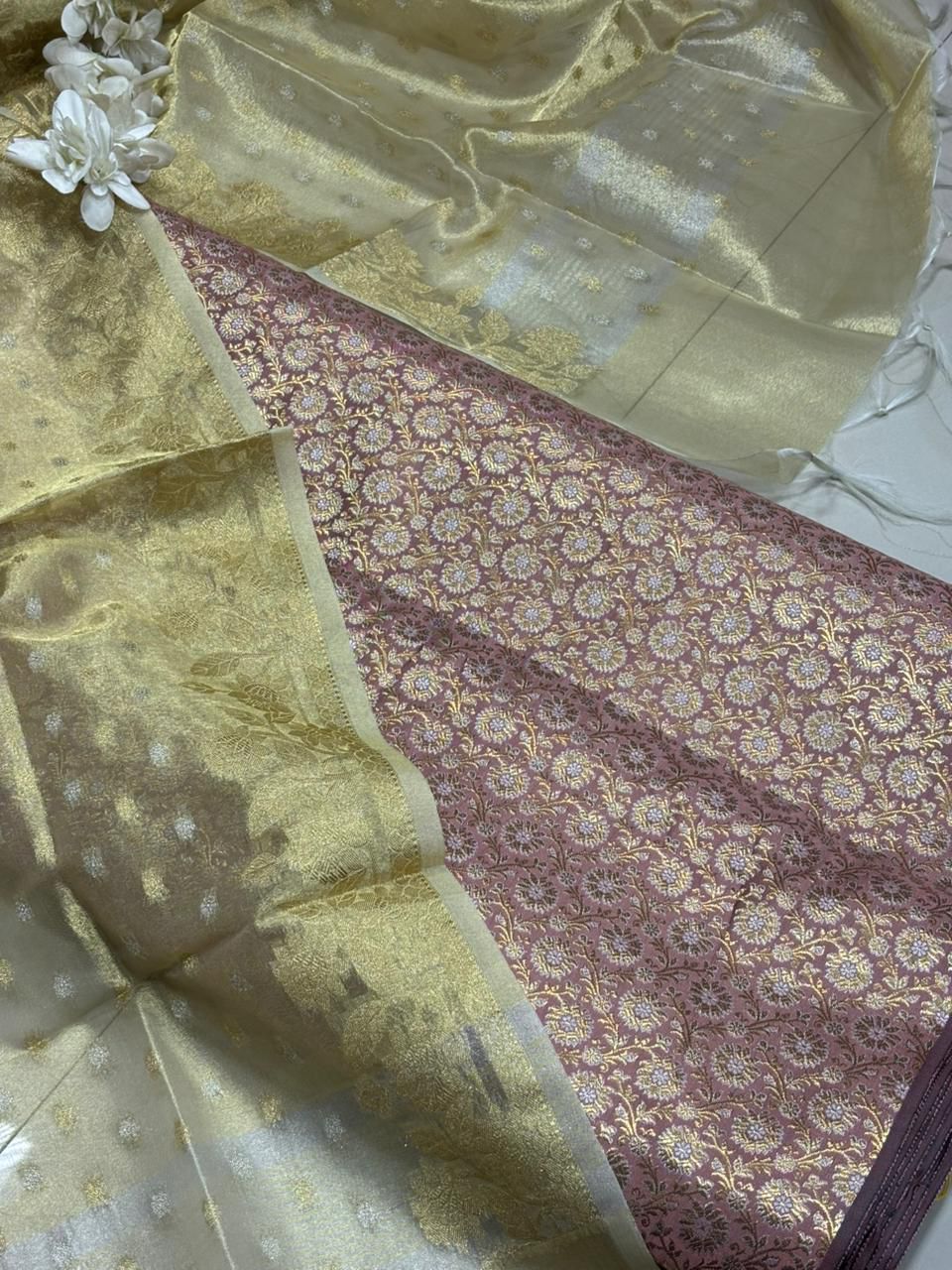Pink Handloom Banarasi Brocade Sona Roopa Flower Design Suit With Golden Banarasi Tissue Silk Booti Design Dupatta - Luxurion World