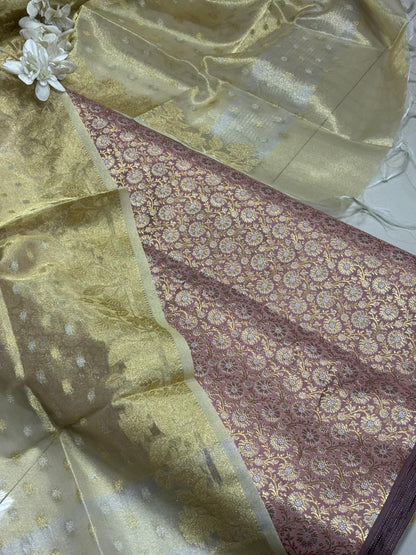 Pink Handloom Banarasi Brocade Sona Roopa Flower Design Suit With Golden Banarasi Tissue Silk Booti Design Dupatta - Luxurion World