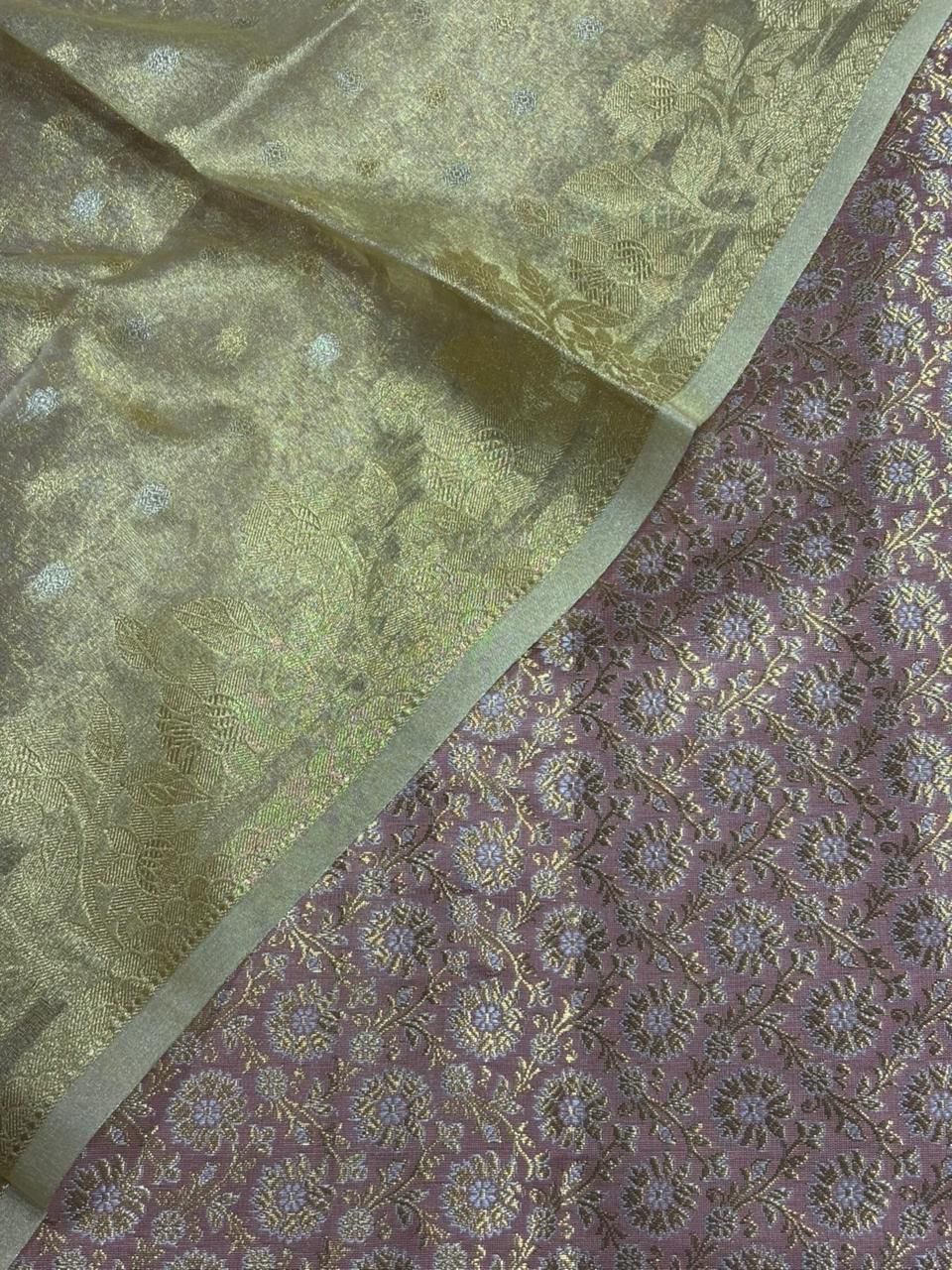 Pink Handloom Banarasi Brocade Sona Roopa Flower Design Suit With Golden Banarasi Tissue Silk Booti Design Dupatta - Luxurion World