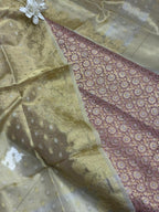 Pink Handloom Banarasi Brocade Sona Roopa Flower Design Suit With Golden Banarasi Tissue Silk Booti Design Dupatta - Luxurion World