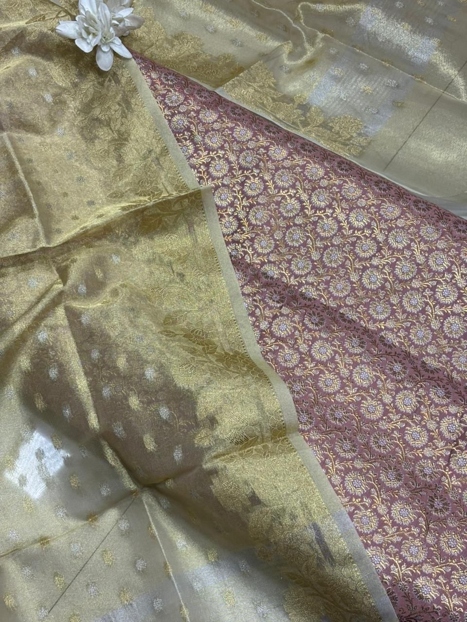 Pink Handloom Banarasi Brocade Sona Roopa Flower Design Suit With Golden Banarasi Tissue Silk Booti Design Dupatta - Luxurion World