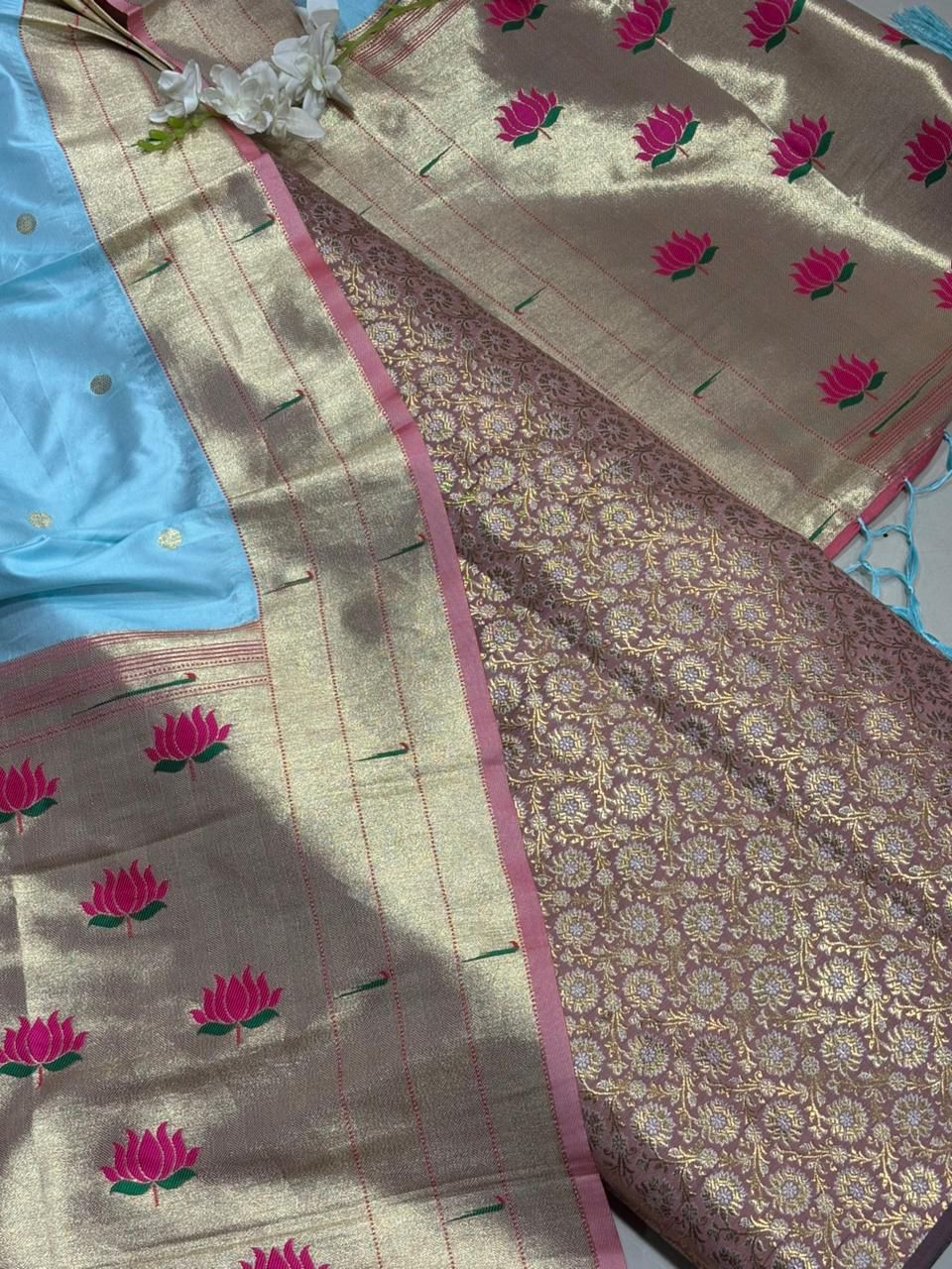 Pink Handloom Banarasi Brocade Sona Roopa Flower Design Suit With Blue Paithani Silk Flower Design Dupatta - Luxurion World