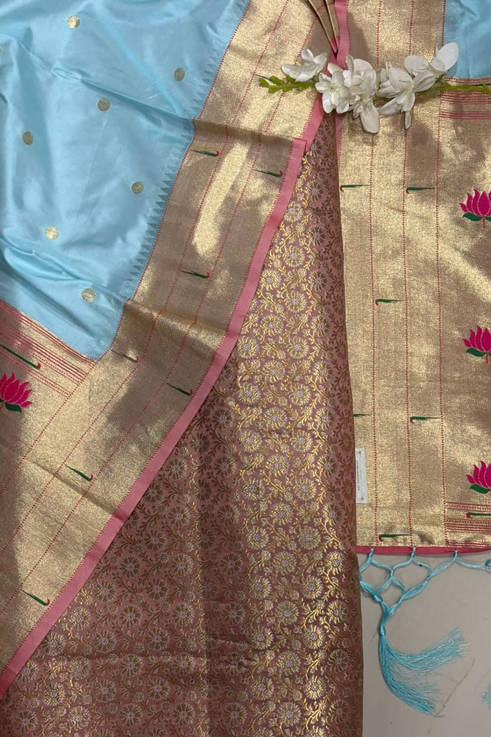 Pink Handloom Banarasi Brocade Sona Roopa Flower Design Suit With Blue Paithani Silk Flower Design Dupatta - Luxurion World