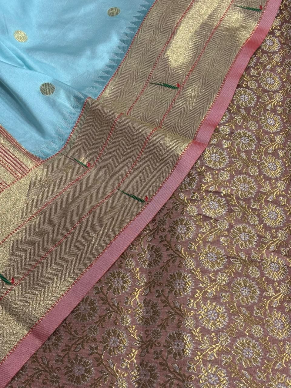 Pink Handloom Banarasi Brocade Sona Roopa Flower Design Suit With Blue Paithani Silk Flower Design Dupatta - Luxurion World