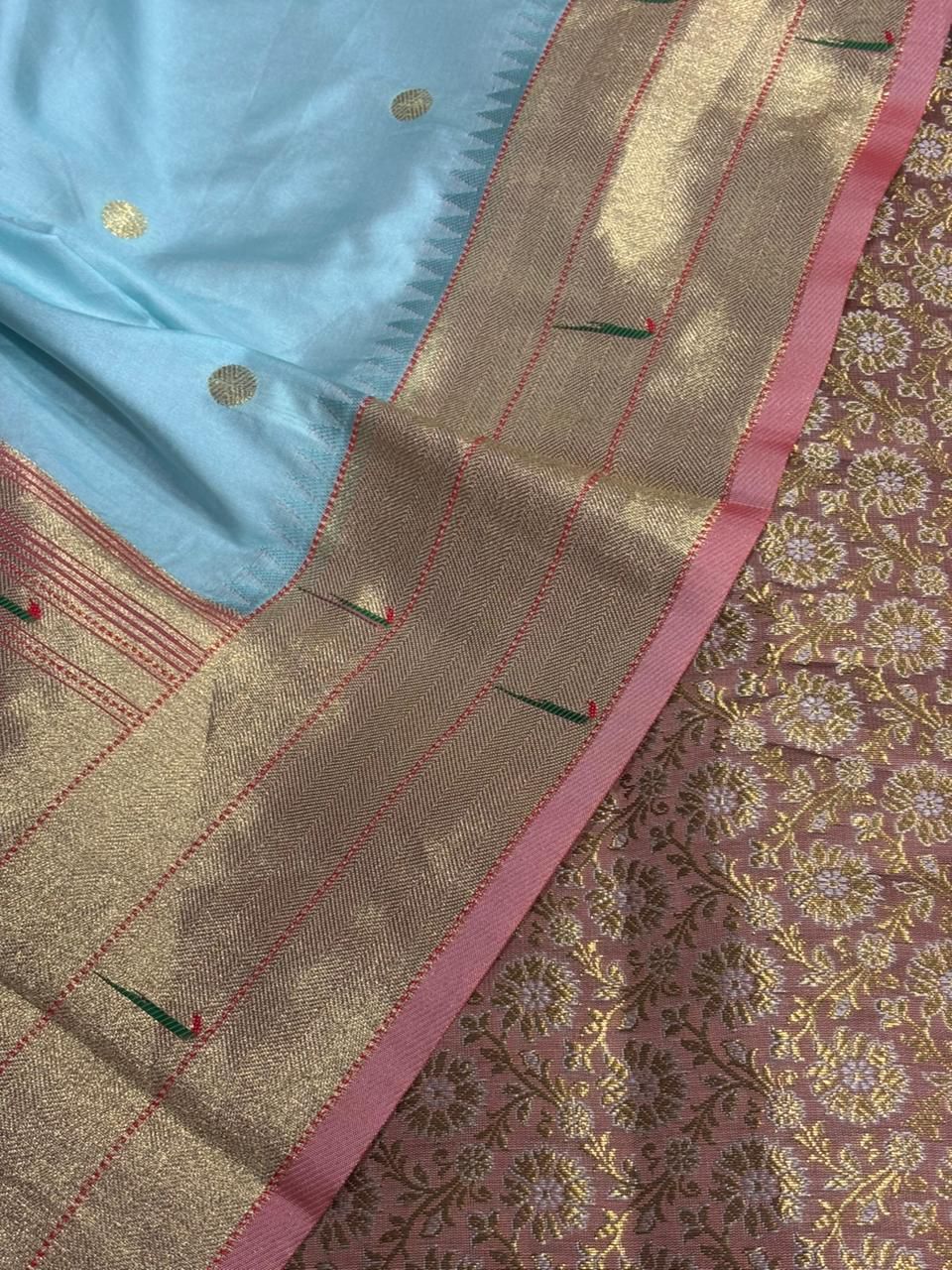 Pink Handloom Banarasi Brocade Sona Roopa Flower Design Suit With Blue Paithani Silk Flower Design Dupatta - Luxurion World