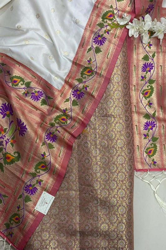 Pink Handloom Banarasi Brocade Sona Roopa Flower Design Suit With White Paithani Silk Flower Design Dupatta - Luxurion World