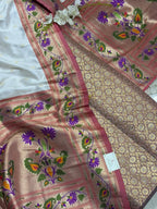 Pink Handloom Banarasi Brocade Sona Roopa Flower Design Suit With White Paithani Silk Flower Design Dupatta - Luxurion World
