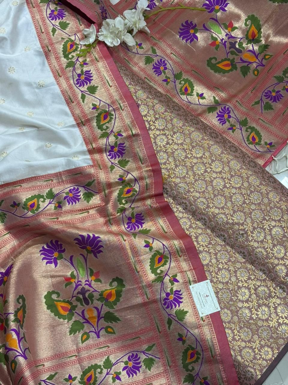 Pink Handloom Banarasi Brocade Sona Roopa Flower Design Suit With White Paithani Silk Flower Design Dupatta - Luxurion World