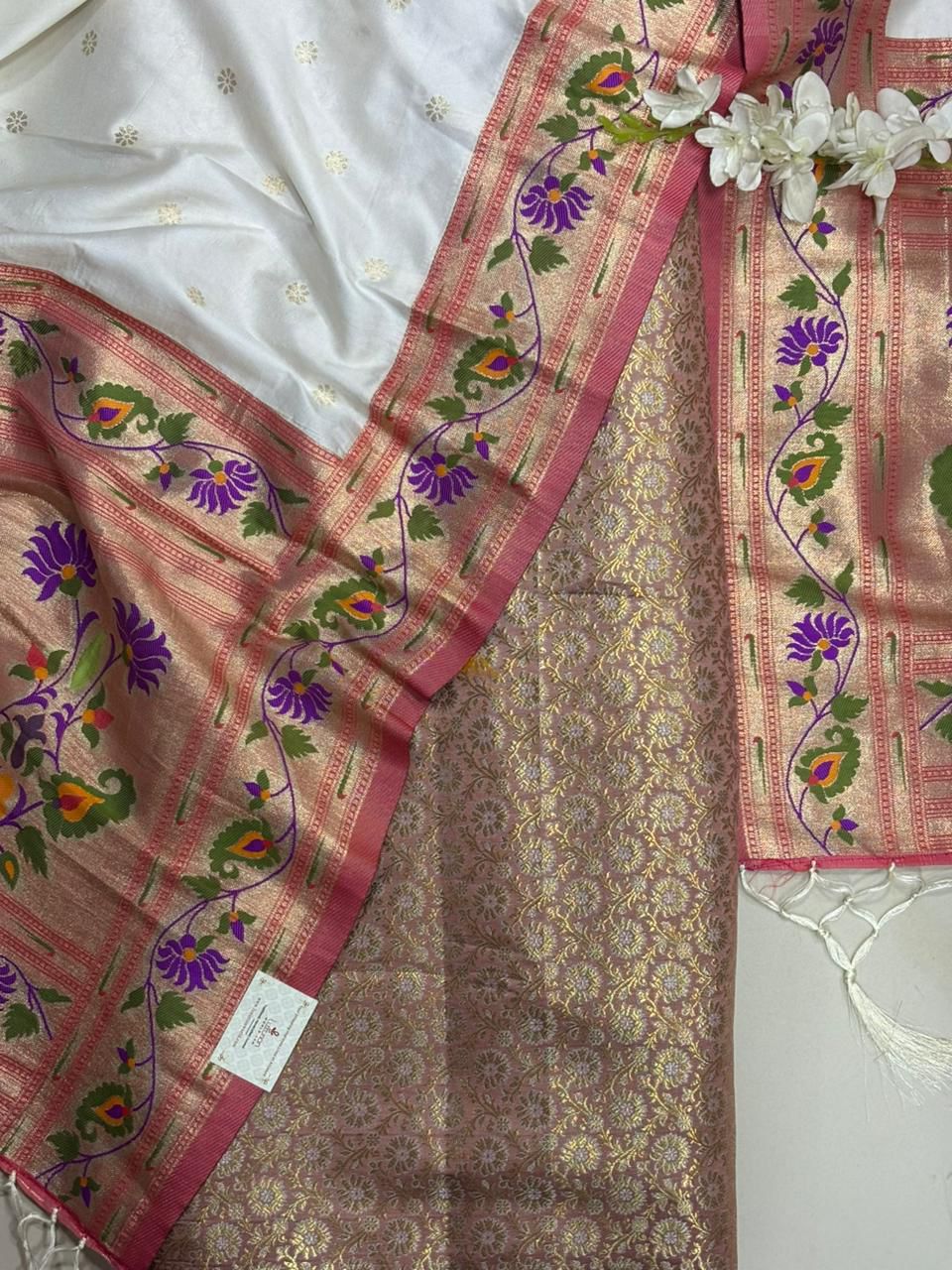 Pink Handloom Banarasi Brocade Sona Roopa Flower Design Suit With White Paithani Silk Flower Design Dupatta - Luxurion World