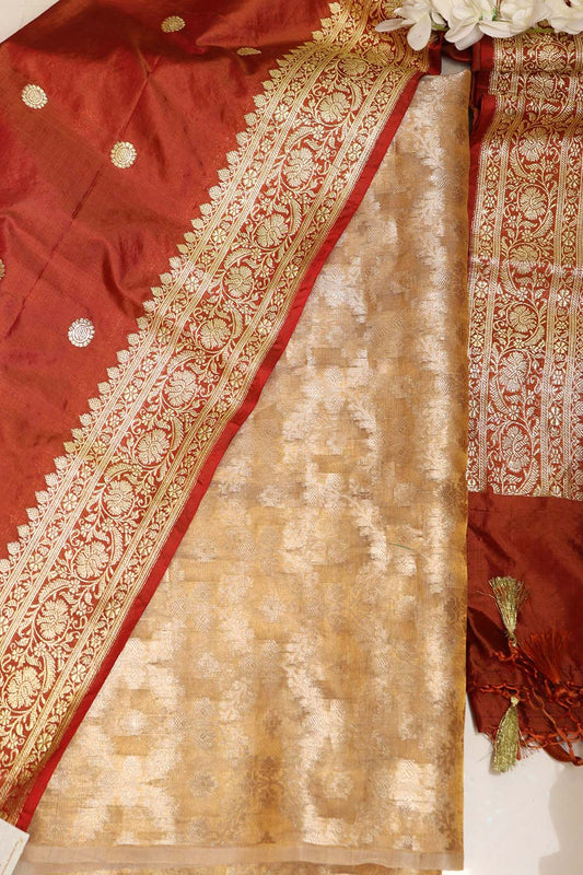 IS4B125122601 Dyeable Banarasi Pure Tissue Silk Suit With Brown Handloom Banarasi Pure Katan Silk Booti Design Dupatta - Luxurion World