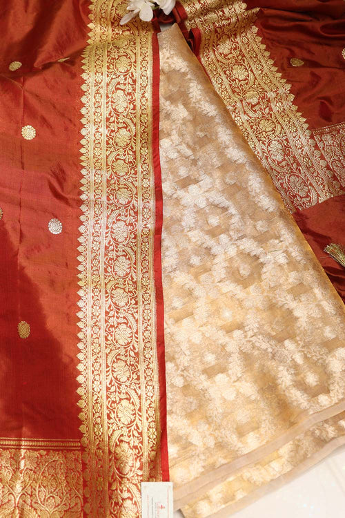 Elegant Dyeable Banarasi Pure Tissue Silk Suit With Brown Handloom Banarasi Pure Katan Silk Booti Design Dupatta - Luxurion World